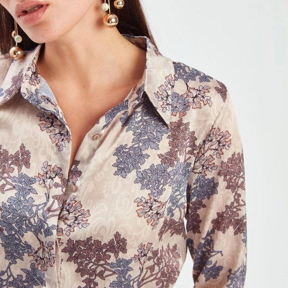 Tree Patterned Loose Silk Shirt - Beige - Picture 3 of 10